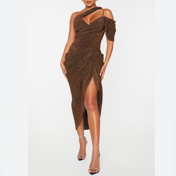 PrettyLittleThing Dresses & Skirts - PRETTY LITTLE THING CHOCOLATE GLITTER PLISSE CUT OUT ONE SHOULDER DRAPED DRESS 8